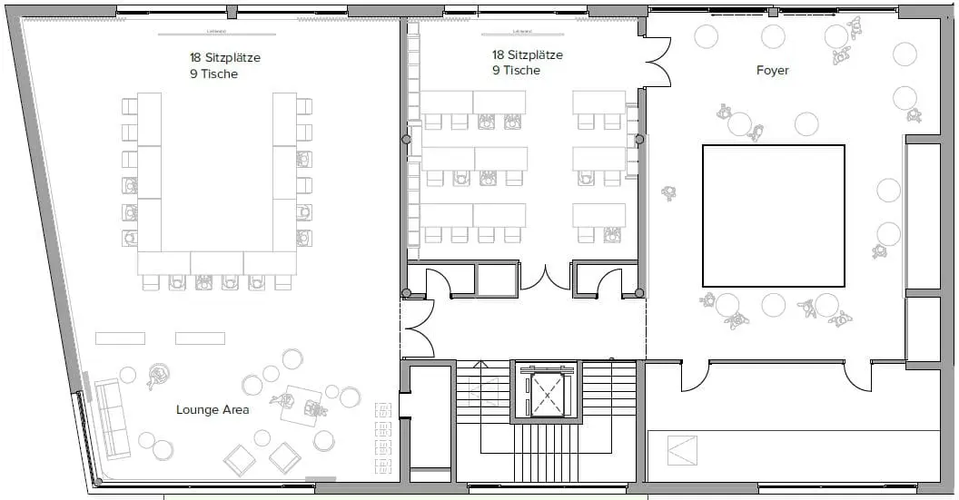 Seminarraum Konferenz UTafel Der Grundriss zeigt drei Hauptbereiche: einen großen Sitzungsraum mit Tischen und Stühlen (links), einen kleineren Raum mit Tischen und Stühlen (Mitte) und ein Foyer mit vereinzelten Sitzgelegenheiten (rechts). Unten links befindet sich ein Lounge-Bereich.