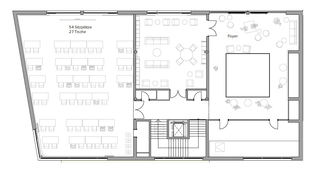 Seminarraum Neu Schwarz-weißer Grundriss, der links einen großen Saal mit 54 Sitzplätzen und 27 Tischen, rechts einen zentralen Flur und ein Foyer mit verschiedenen Sitzgelegenheiten zeigt. Die Treppe und die Toiletten befinden sich in der Mitte.