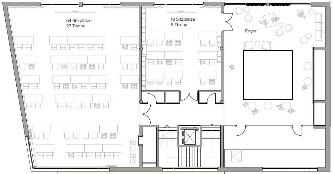 Seminarraum Schulzimmer Schwarzer und weißer Grundriss, der drei Haupträume zeigt: einen großen Speisesaal mit 54 Plätzen und 27 Tischen, einen kleineren Raum mit 18 Plätzen und 9 Tischen sowie ein Foyer mit verstreuten runden Tischen und Sitzgelegenheiten in der Nähe des Haupteingangs.