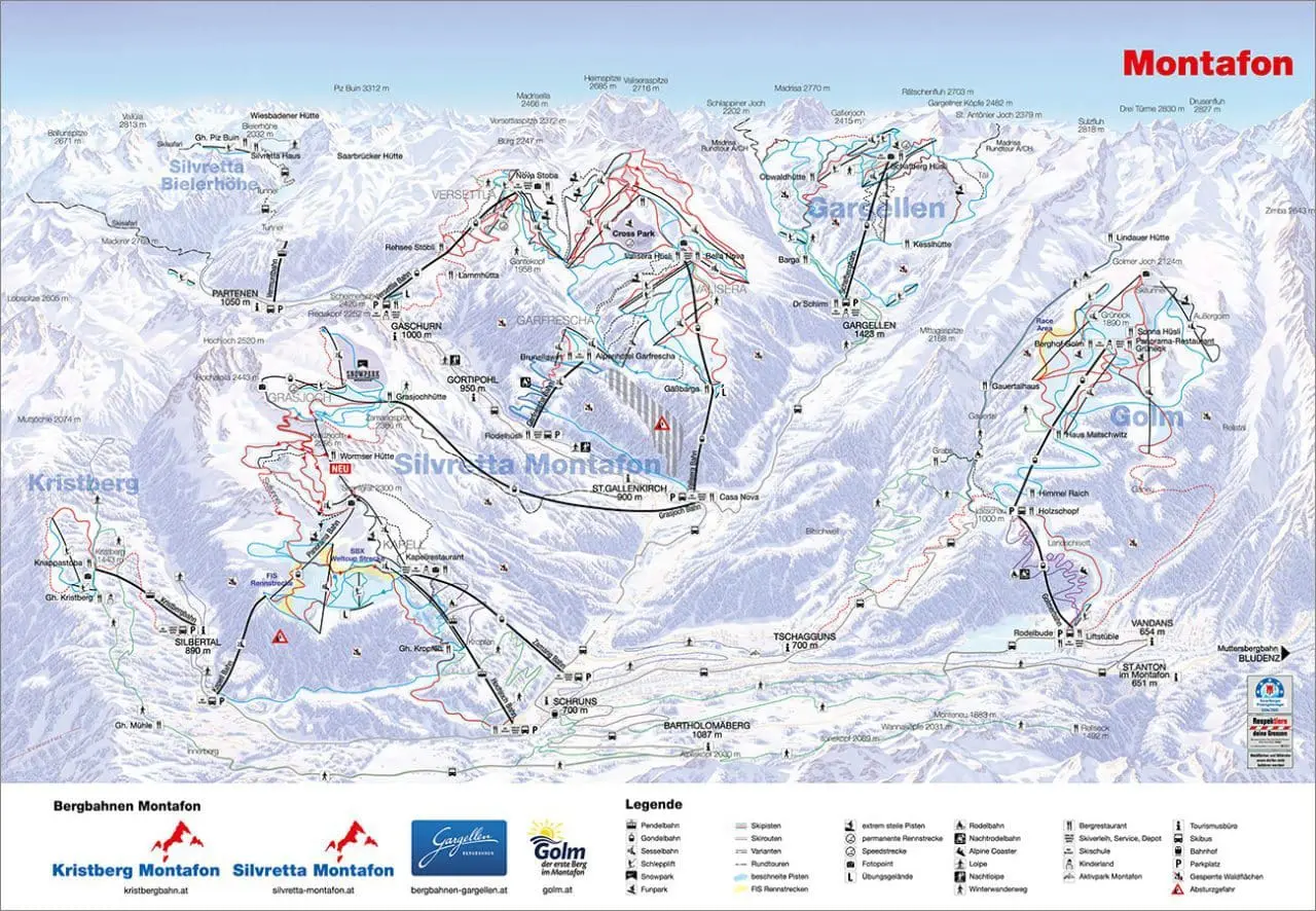 Panoramakarte Montafon im Winter Ski resort map of Montafon, Austria, perfect for winter holidays, showing ski runs, ski lifts, mountains, and resort areas like Silvretta Montafon, Golm, and Kristberg with trail markings, symbols, and elevation details.