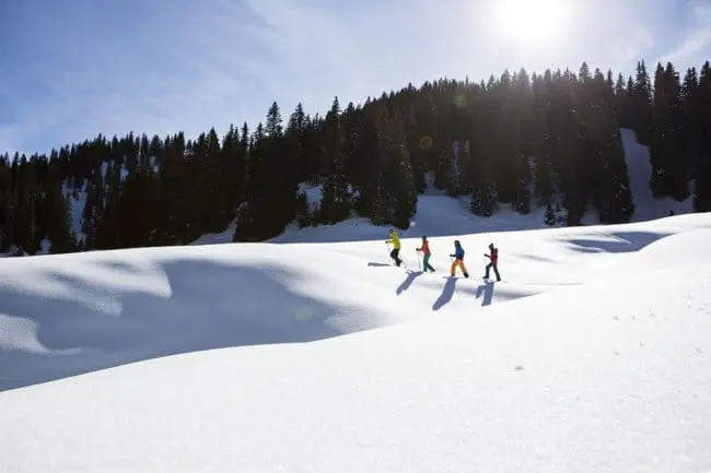 Schneeschuhwandern - Winterurlaub im Montafon Four people dressed in colorful winter gear walk in a line across a snowy landscape, enjoying the sun and pine trees as part of their winter holidays.